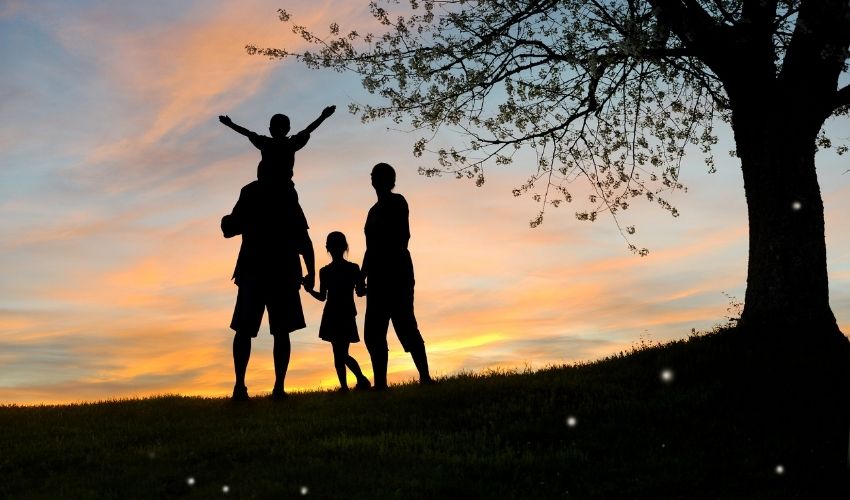 Silhouette of a family of four standing on a grassy hill at sunset, evoking themes of kanada-experten-migration, as one child sits on an adult’s shoulders. A large tree stands to the right under a vibrant orange and blue sky.